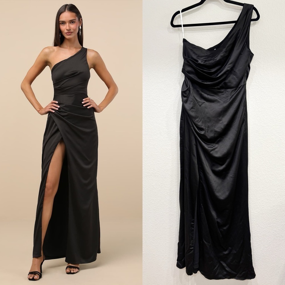 NWOT Lulus Dreaming of Elegance Black Satin One-Shoulder Maxi Dress